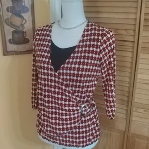 NOTATIONS Petite Red, Black, & White Print Top w/ Cute Side Buckle MP PM